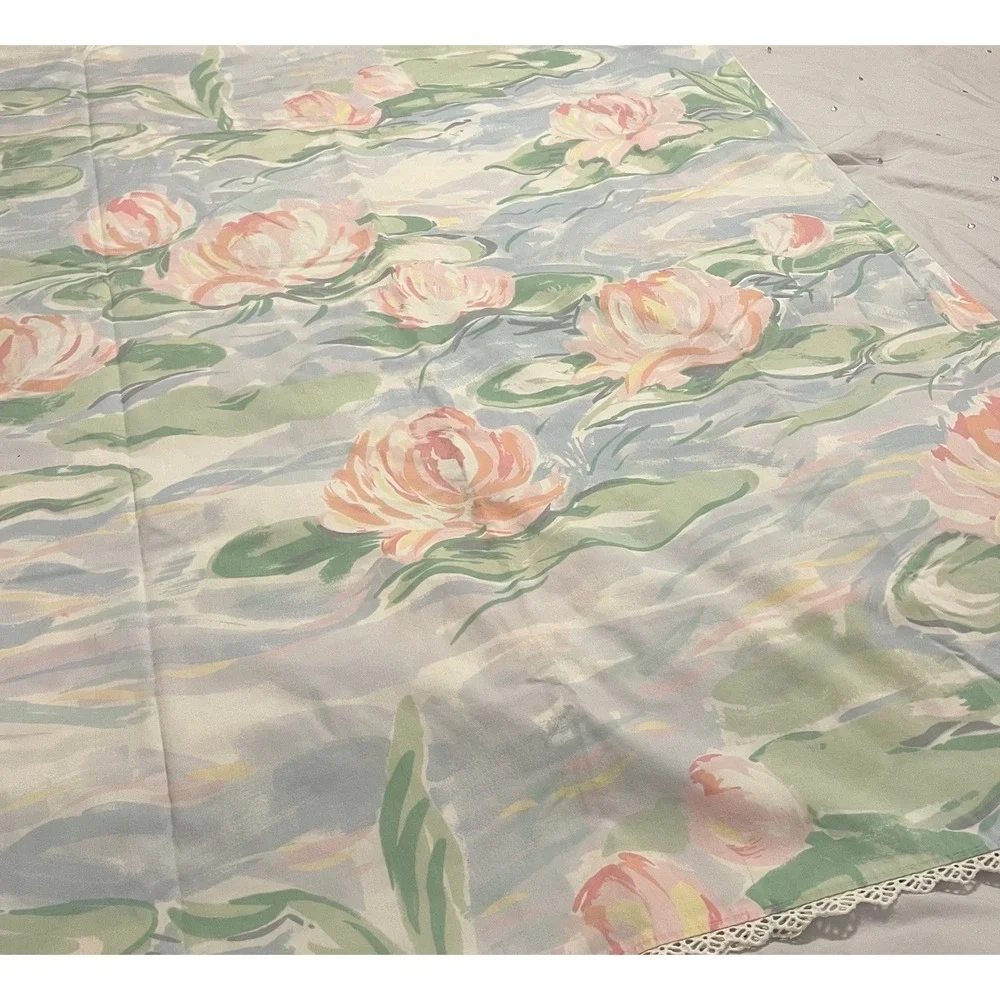 Atelier Martex Vtg 80s Monet's Water Lilies Twin Flat Sheet Lace Trim France